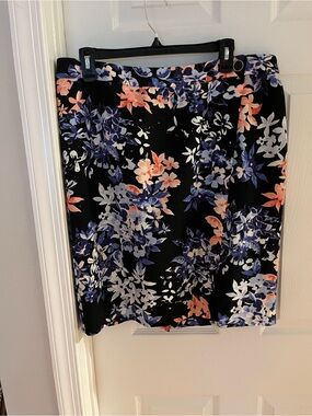 Talbots Black Pencil Skirt with Blue, Coral & White Floral